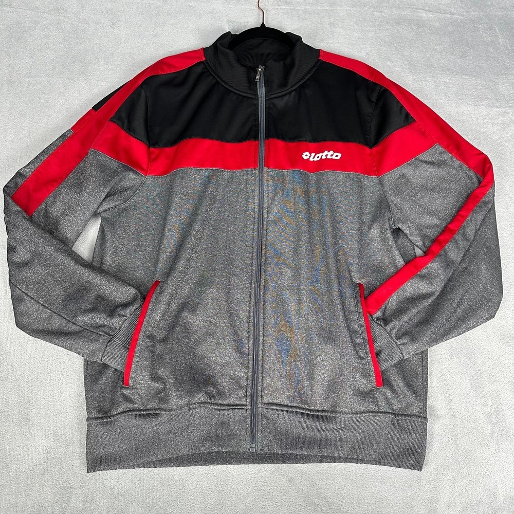 Lotto Track Jacket Mens XL Black Red Gray‎ Full Zip Colorblock Athletic
